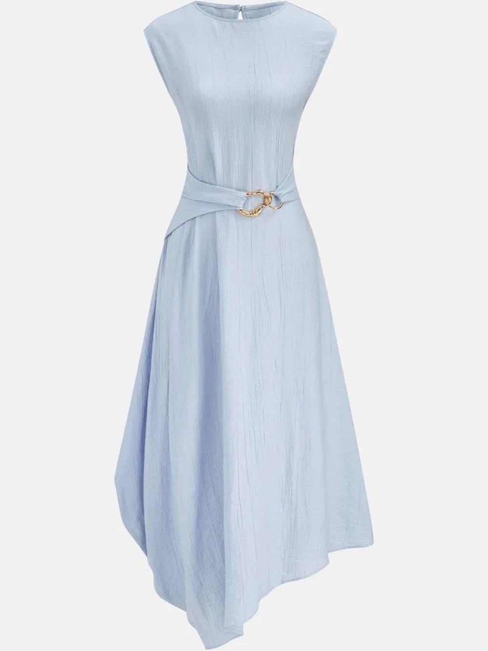 Commense XS Cotton Linen Sleeveless Belted Midi Dress Light Blue Gold Ring